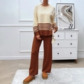 Women stripe knitted two-piece set featuring beige-brown sweater and wide-leg trousers - S / Brown