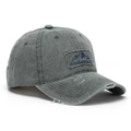 Detail of army green washed baseball cap featuring vintage embroidery and distressed holes - One Size / Washed Army Green (G)