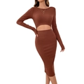 Vestido midi de punto marrón con manga larga, abertura en la cintura y corte ajustado - S / Marrón Oscuro