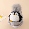 Detailed knit texture of grey kids winter hat with a cute cartoon penguin pattern - Approx. 3-8 Years / Gray