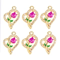 Macro detail of six purple tulip heart charms with gold metal base and white zircons - Purple