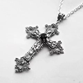 Macro detail of gothic silver cross pendant with center black gemstone inlay - Silver Retro Cross - Black Gemstone(AQ-1627)