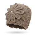 Gorro de punto mujer otoño invierno con flor de ganchillo y pedrería en taupe - Beige Oscuro