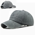 Detail view of cotton ponytail baseball cap with adjustable metal buckle in dark grey - Adjustable / Grey