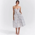 Sexy strapless backless midi dress for women featuring elegant blue floral print on white - S / Blue Floral (with Chest Pad)