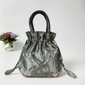 Ethnic style dark grey-green embroidered bucket bag with pink floral satin details - Grey Green