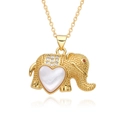 Golden elephant pendant necklace with heart-shaped white shell and sparkling crystals - Shell Heart Elephant Design (k049)