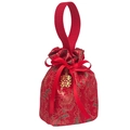 Elegant red Chinese wedding favor bag with gold double joy charm and peony brocade - Style 1 (With Double Happiness Charm)