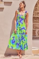 Detail of smocked bodice and adjustable straps on green floral midi summer sundress - Blue Floral Print