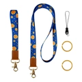 Schlüsselband-Set mit blauem Sonnenblumenmuster, goldenen Metallringen und Lederakzenten - Blaue Sonnenblume