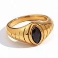 Vintage 18K gold plated steel ring with marquise-cut black zircon and textured band - US 7 / Gold with Black Zircon