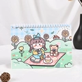 Cute cartoon girl and bear landscape illustration on white spiral bound notebook - A5 / Spring Outing