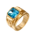 Macro detail of men's vintage gold titanium ring with a square blue gemstone inlay - US 9 / Gold / Blue Zirconia