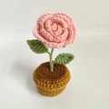 Handmade crochet potted pink rose with green leaves in a brown yarn base - Pink Rose Potted Plant Finished