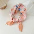 Pink floral cotton linen square scarf with blue and orange prints tied in center - Orange Floral-Six-petal Orange