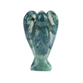 Translucent blue-green natural crystal angel figurine with unique internal stone textures - Moss Agate