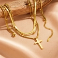 Three-layer gold stainless steel necklace featuring cross pendant and beaded snake chains - Triple Layer Cross Style / Gold