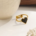 18K gold-plated stainless steel heart ring with black shell inlay and beaded edges - Black Shell Heart Style (XKR0190) / Gold