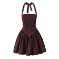 Elegante abito bordeaux con scollo all'americana schiena scoperta e gonna a sbuffo - S / caffè