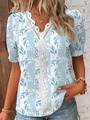 Women's V-neck lace patchwork shirt with blue striped leaf print for summer style - S / Cyan Floral