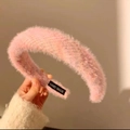 Plush pink headband for women featuring a handmade label on a fluffy wide-brim surface - Plush Pink