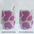 Insulated 12oz diamond wine tumbler in pink and silver with lid and straw options - Rose Red Cow Print