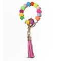 Luminous rainbow silicone bead keychain bracelet with gold metal clasp and pink leather tassel - Colorful