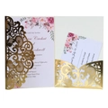 Lace laser cut wedding invitation set with floral card and golden pocket sleeve - Reflective Gold