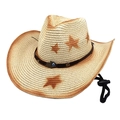 Western straw cowboy hat with star print and Hamsa hand metal charm on woven band - M (56-58cm) / Beige