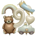 Close-up of matte cream birthday balloon set with brown bear and number nine balloon - Vintage Cream Set 9