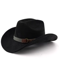 Detailed view of the black suede cowboy hat with a gray band and brown faux leather buckle - M (56-58cm) / Black
