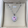 Collier avec pendentif cœur en zircon rose et diamants dans un coffret cadeau - 0629-Argent Cœur Rose