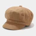 Gorra clásica de lana marrón estilo newsboy con diseño de paneles y visera corta - M (56-58cm) / Caqui