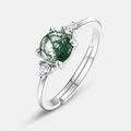 Anillo ajustable de plata S925 con ágata musgo verde y piedras claras laterales - Abierto Ajustable / Estilo Ágata Musgosa Verde Redonda (RG022660)