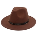 Detail of dark brown wool fedora hat featuring black leather belt with gold rivets and ring - M (56-58cm) / Coffee