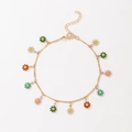 Bohemian gold ankle bracelet with colorful enamel daisy pendants and adjustable lobster clasp - Dangling Flower Bracelet / Colorful