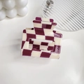 Purple and cream checkered acetate hair claw clip with a hollow trapezoid design - 5cm / Burgundy