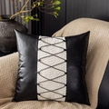 Modern black faux leather and white textured fabric pillow cover with lace-up detail - Black New Style 02 Pillow Cover