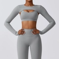 Three-piece yoga set with long sleeve cutout cover-up and high waist leggings in matte grey - S / Rhino Gray