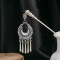 Detail of silver hair pin with filigree crescent moon and dangling metal droplets - Silver/F314/Crescent Hollow Pendant