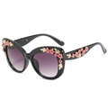 Black cat-eye sunglasses with 3D pink flowers, gold leaves and purple gradient lenses - Black Frame Gradient Grey