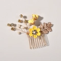 Exquisite bridal hair comb featuring golden metal leaves and yellow fabric flowers with pearls - 3-Flower Hair Comb / Yellow