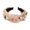 Champagne knotted wide headband with decorative pearls and metallic beads finish - Apricot