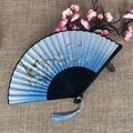 Chinese silk folding fan with blue gradient, white floral patterns and blue tassel - No.47 Blue Gradient White Butterfly