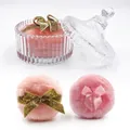 Pink velvet powder puffs with glitter bows and matching striped glass storage jar - 1 Glitter + 1 Pink 90*30MM (In Glass Jar)