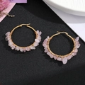 Handmade gold hoop earrings with pink natural stones in a bohemian style for women - Pink Crystal / Pink