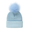 Detail of light blue ribbed knit beanie with large fluffy faux fur pom pom for kids - Size S (0-1 Year) / Blue and White Stripes