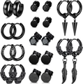 Men's matte black stainless steel earring set featuring rings, studs, and feather charms - Black Simple Hoop Pendant Combination (36028)