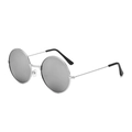 Retro round sunglasses with silver metal frame and dark grey lenses in a 45-degree view - Silver Frame White Mirror Lens