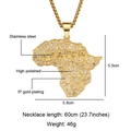 Polished gold Africa map pendant in stainless steel with crystal accents and dimensions - Rhinestone Style Single Pendant(N02200) / Gold